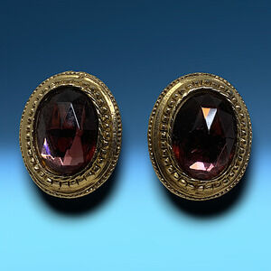 Vintage Dauplaise Gold Tone Purple Oval Framed Crystal Clip On Earrings Runway